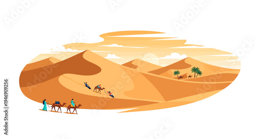 Desert Caravan Journey Through Sand Dunes with Oasis. Vector Illustrations. EPS Editable