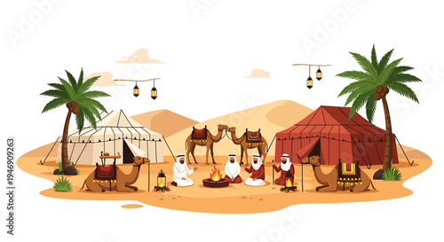 Desert Camp Scene with Camels Tents and People. Vector Illustrations. EPS Editable