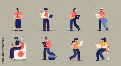 Diverse individuals actively using laptops and phones in various settings