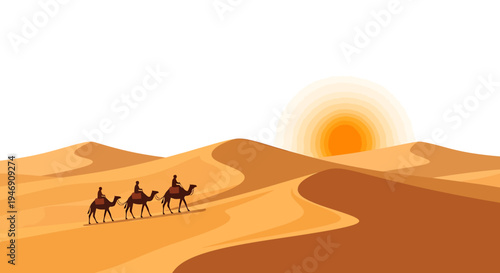 Desert Caravan Journey Under a Blazing Sun. Vector Illustrations. EPS Editable