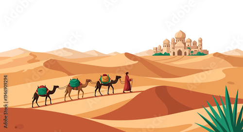 Desert Landscape with Camels and Ancient Palace. Vector Illustrations. EPS Editable
