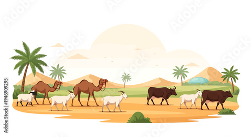 Desert Landscape with Diverse Livestock and Palm Trees. Vector Illustrations. EPS Editable
