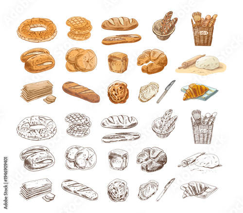 Hand drawn vintage bakery bread and pastry set with baguette croissant pretzel color monochrome illustration