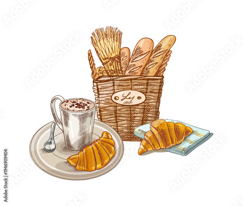 Hand drawn vintage bakery breakfast composition with coffee cup croissant wicker basket baguette bread illustration