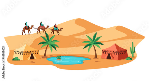 Desert Oasis with Camels Palm Trees and Tents. Vector Illustrations. EPS Editable