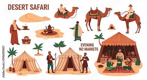 Desert Safari Adventure and Evening Souk Markets with Traditional Middle Eastern Culture. Vector Illustrations. EPS Editable