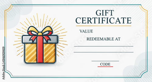 Elegant Gift Certificate Template with Present Illustration and Customizable Fields.