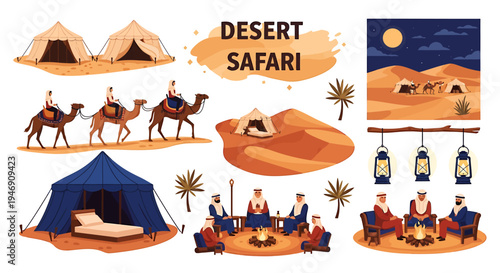 Desert Safari Adventure Camping and Traditional Bedouin Lifestyle Elements. Vector Illustrations. EPS Editable