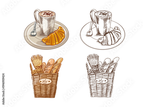 Hand drawn vintage bakery breakfast set with coffee cup croissant plate spoon bread basket baguette illustration
