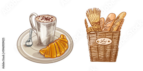 Hand drawn vintage bakery breakfast set with coffee cup croissant plate spoon bread basket illustration
