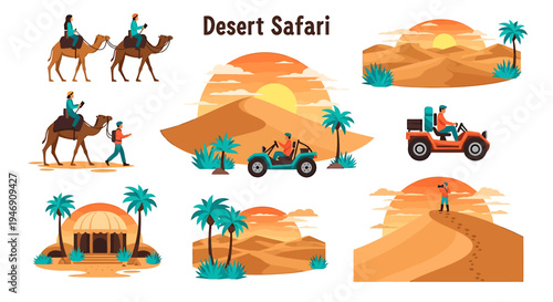 Desert Safari Adventure Collection with Camels and ATVs. Vector Illustrations. EPS Editable