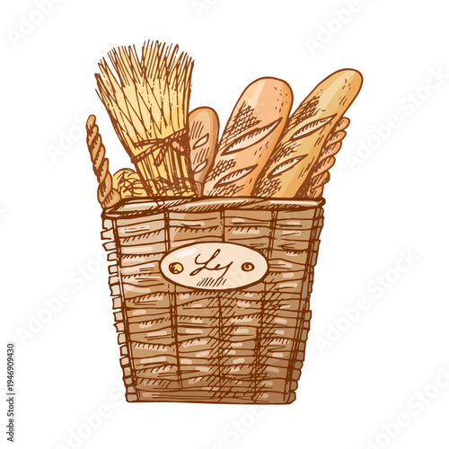 Hand drawn vintage bakery wicker basket with baguette bread wheat bundle rustic illustration