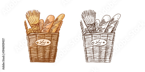 Hand drawn vintage bakery wicker basket with baguette wheat bread loaf bundle illustration set