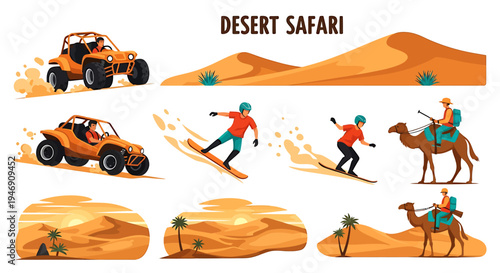Desert Safari Adventure Set with Dune Buggies Sandboarding and Camel Riding. Vector Illustrations. EPS Editable