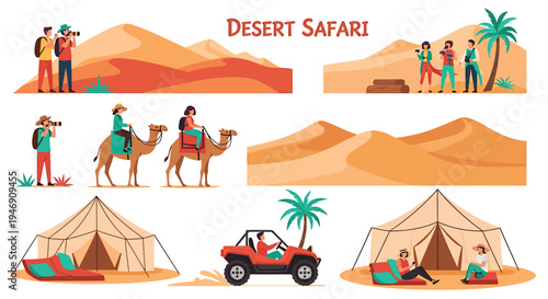 Desert Safari Adventure Collection with Tourists Riding Camels and Camping. Vector Illustrations. EPS Editable