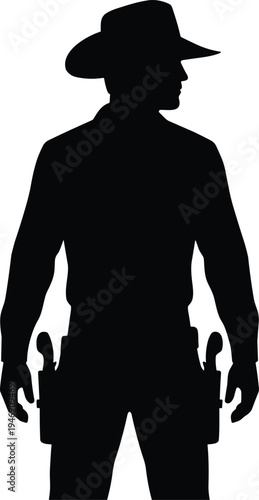 Western cowboy gunslinger silhouette side view wearing hat with holstered revolvers isolated on white background, wild west outlaw