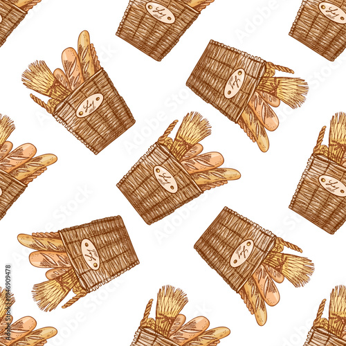 Hand drawn vintage seamless pattern with wicker basket baguette bread wheat bundle bakery illustration