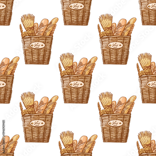 Hand drawn vintage seamless pattern with wicker basket baguette bread wheat bundle bakery illustration