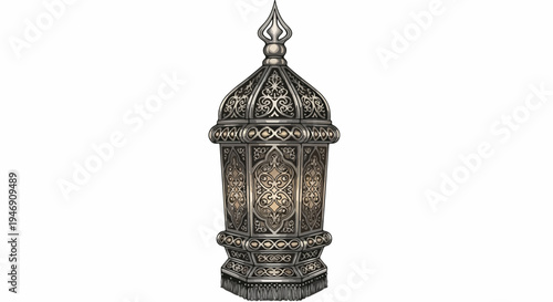 Ornate Metal Lantern with Intricate Design Details.