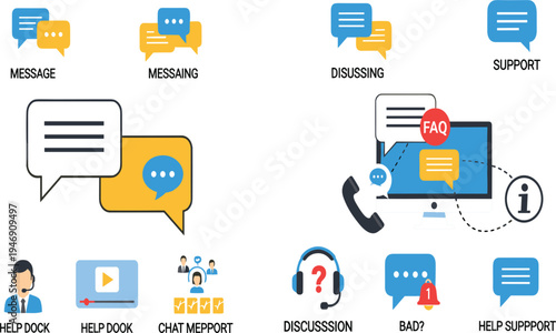 Customer Support and Online Help Desk Icon Set with Chat Messages, FAQ, Discussion, Notification and Service Assistance Symbols for Web and Mobile Interface