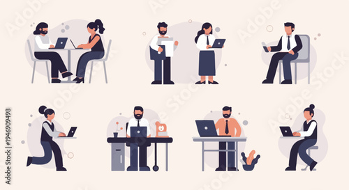 Diverse professionals collaborating and working independently on laptops in a minimalist setting