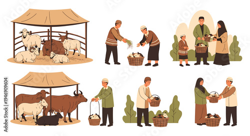 Eid alAdha Celebration Scenes with Livestock and Community Sharing Food. Vector Illustrations. EPS Editable