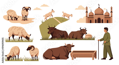 Eid alAdha Celebration with Livestock Animals and Mosque. Vector Illustrations. EPS Editable