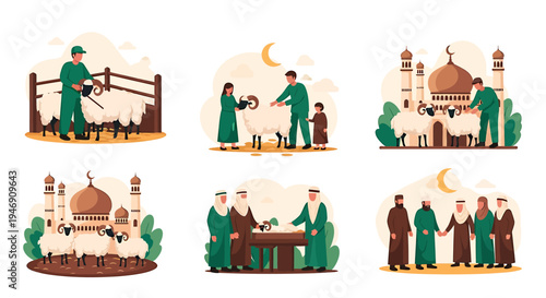 Eid alAdha Celebration with Muslim Families and Sheep Sacrifice. Vector Illustrations. EPS Editable