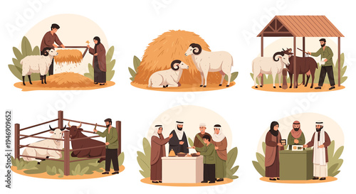 Eid alAdha Celebration with Muslim People and Sacrificial Animals. Vector Illustrations. EPS Editable