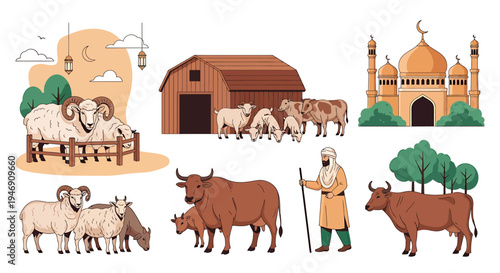 Eid alAdha Celebration with Sacrificial Animals and Mosque. Vector Illustrations. EPS Editable