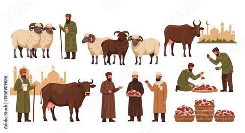 Eid alAdha Islamic Festival Celebration with Livestock and People. Vector Illustrations. EPS Editable