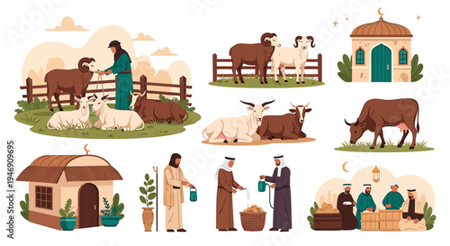 Eid alAdha Islamic Festival Celebration with Animals and People. Vector Illustrations. EPS Editable