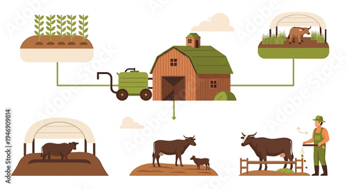 Farm Ecosystem Diagram Illustrating Sustainable Agriculture Practices. Vector Illustrations. EPS Editable