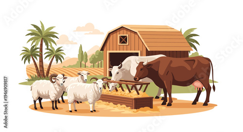Farm animals grazing near a barn with palm trees and fields. Vector Illustrations. EPS Editable
