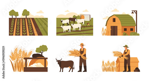 Farm life and agriculture set with farmers harvesting crops livestock and farm buildings. Vector Illustrations. EPS Editable