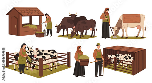 Farm Life Scene with People and Cattle in Various Activities. Vector Illustrations. EPS Editable