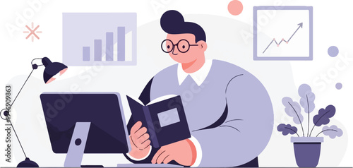 Person with glasses reading a book at a desk with a computer and charts