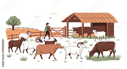 Farmer tending to various livestock animals on a farm with a barn and fence. Vector Illustrations. EPS Editable