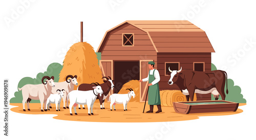 Farmer tending to livestock on a traditional farm with barn and hay bale. Vector Illustrations. EPS Editable