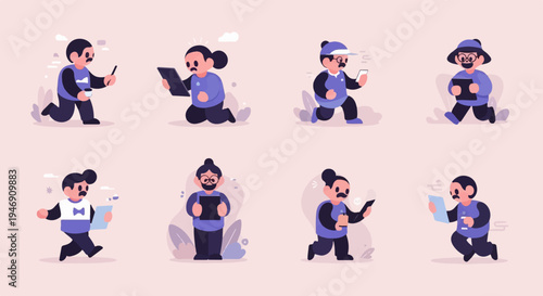 Pixelated characters in various poses holding tablets, phones, or cups
