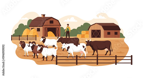 Farmer with Livestock on a Rural Farm with Barns and Fences. Vector Illustrations. EPS Editable