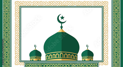 Green Mosque Dome with Crescent Moon and Star Islamic Architecture. Vector Illustrations. EPS Editable