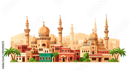 Illustrative Islamic Cityscape with Mosques and Minarets. Vector Illustrations. EPS Editable