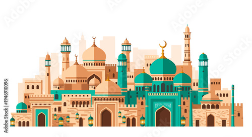 Islamic Cityscape with Mosques and Minarets. Vector Illustrations. EPS Editable