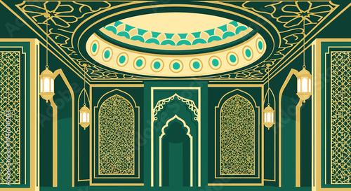 Islamic Mosque Interior with Ornate Archways and Lanterns. Vector Illustrations. EPS Editable