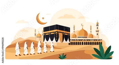 Islamic Pilgrimage to Mecca Kaaba and Hajj Pilgrims in Desert Landscape. Vector Illustrations. EPS Editable