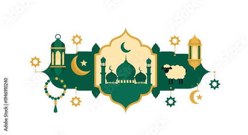 Islamic Ramadan Celebration Banner with Mosque Lanterns and Sheep. Vector Illustrations. EPS Editable