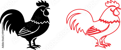 Contrasting rooster silhouettes in black and red