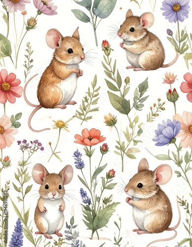 Charming illustration features four mice amidst watercolor flowers and foliage. Soft, pastel hues create a whimsical, natural feel against a white background