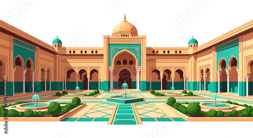 Magnificent Islamic Palace Courtyard with Intricate Architecture and Gardens. Vector Illustrations. EPS Editable